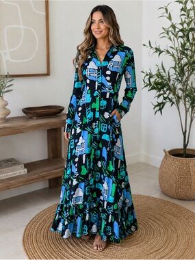 De Loreta Maxi Dress Button Front Long Sleeves Abstract In Arcilla Azul Small